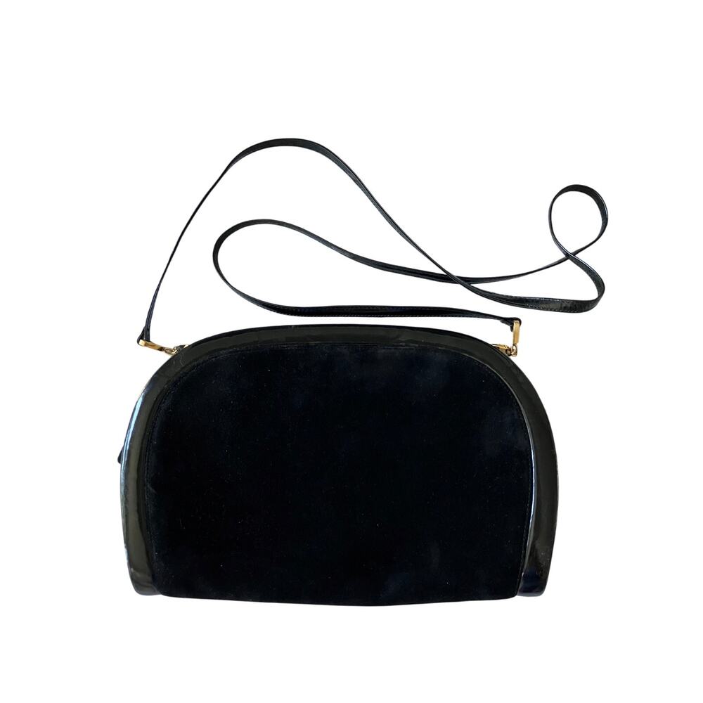 Vintage Ferragamo Black Suede Shoulder Bag with Patent Leather Trim and Strap